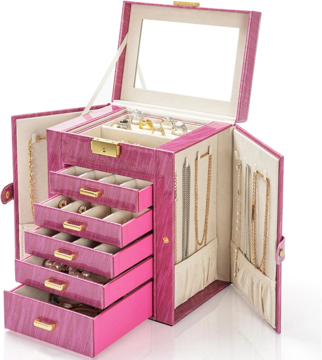 6-Tier Jewelry Box Lockable Leather Jewelry Storage Case with 5 Drawers for Wome | eBay
