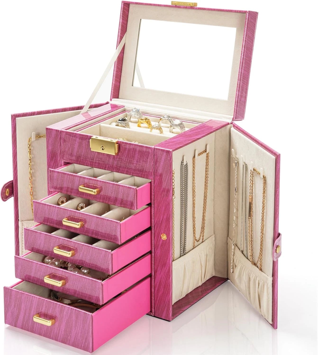 6-Tier Jewelry Box Lockable Leather Jewelry Storage Case with 5 Drawers for Wome | eBay