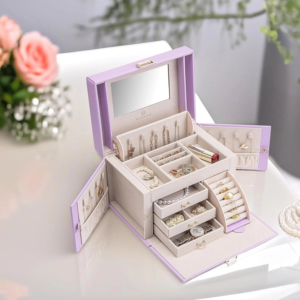 Mirrored Jewelry Box Organizer, Leather Jewelry Storage Case, Necklaces Earrings | eBay