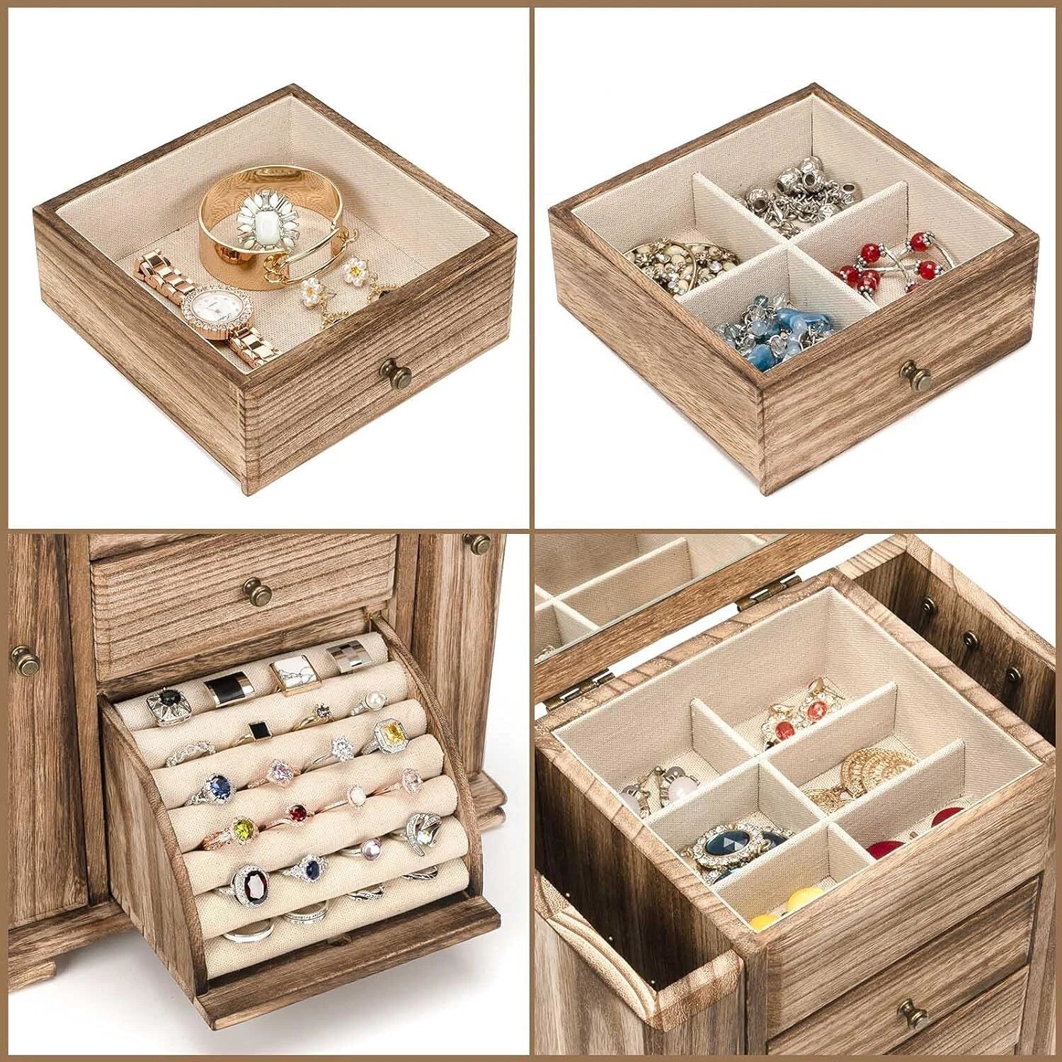Rustic Wooden Jewelry Box Display for Women Jewelry Organizer w/ Mirror 4 Layer | eBay
