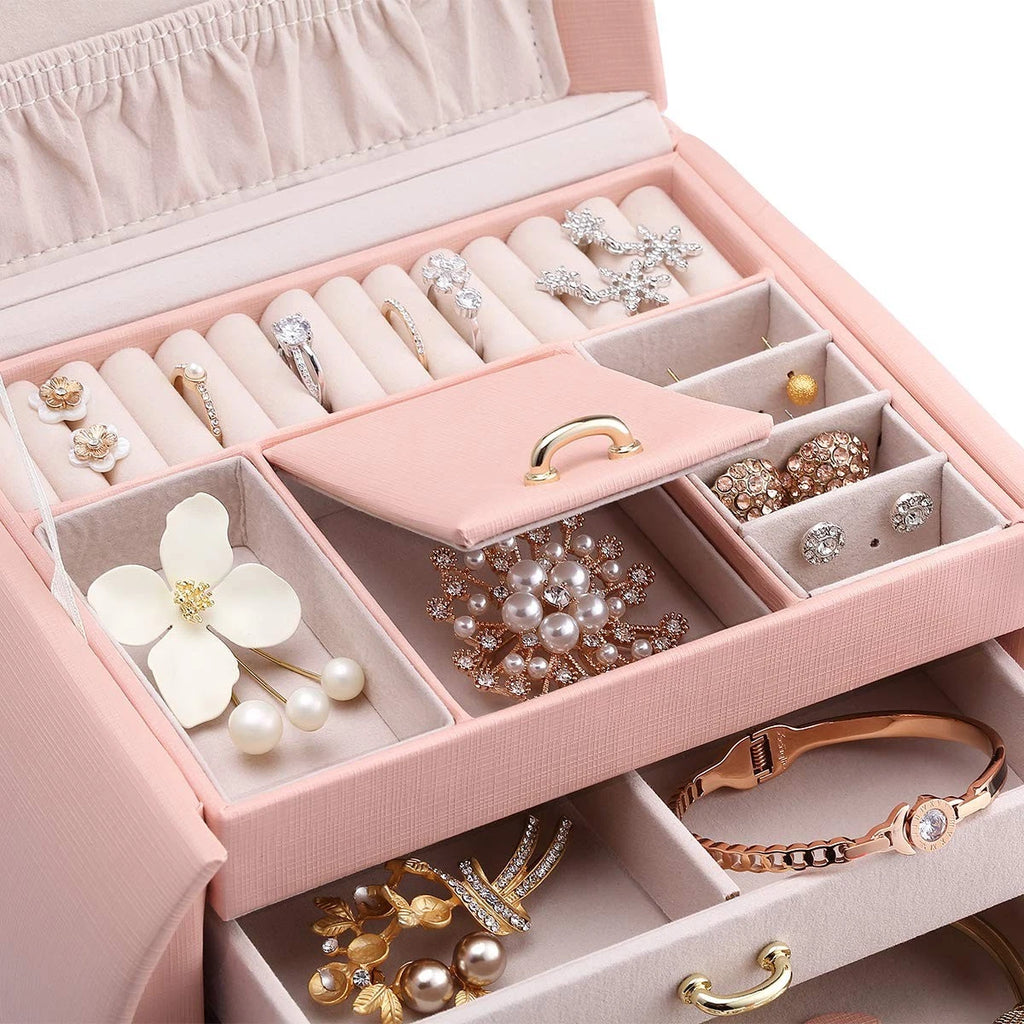 Princess-Style Luxury Jewelry Box, Leather Mirrored Necklaces Earrings Rings ... | eBay