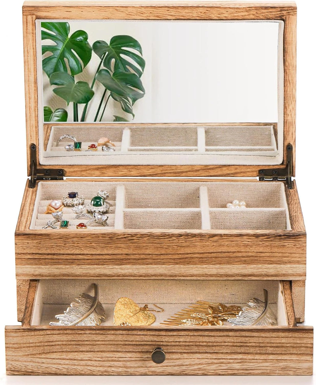 Rustic Wood Jewelry Box with Mirror, 2-Layer Organizer for Necklaces & Rings | eBay