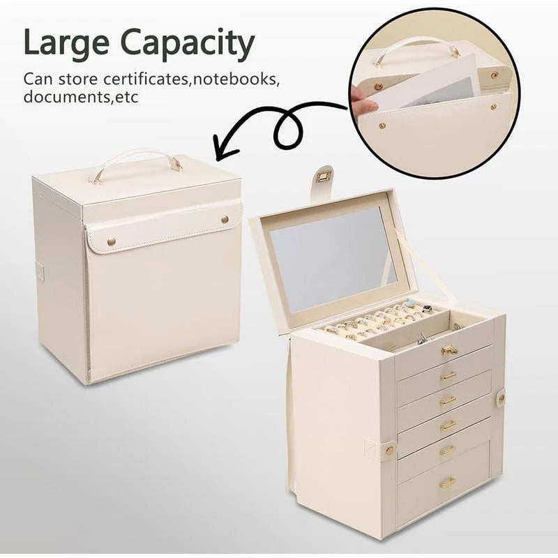 Large Jewelry Box Organizer W/ Mirror 6 Layers 5 Drawers Certificate Slot Women | eBay