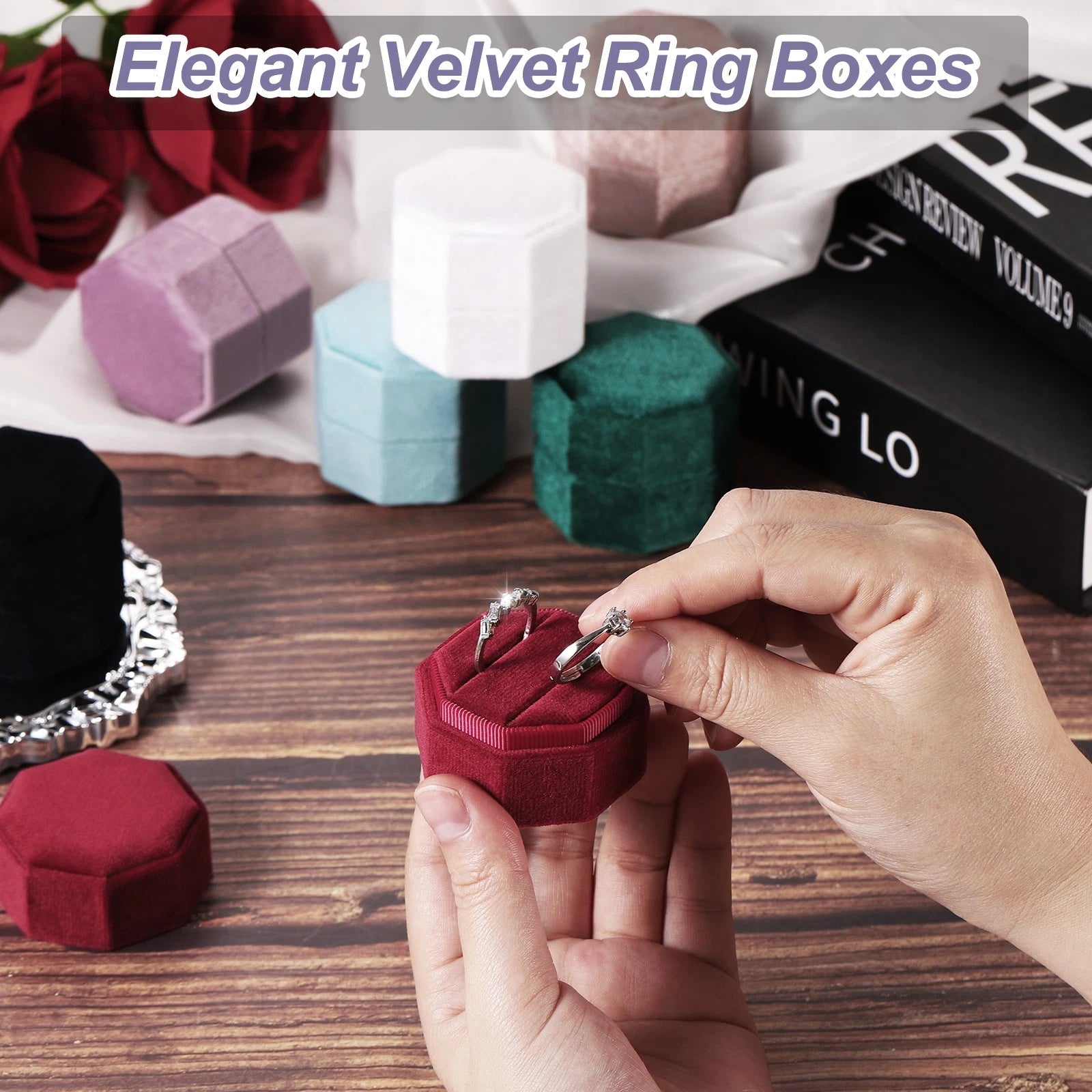 3 Slots Velvet Ring Boxes, 2 Pack Octagonal Jewelry Organizer, Champagne | eBay