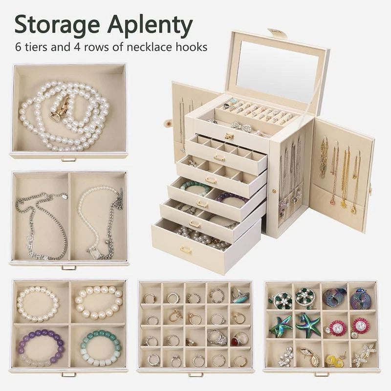 Large Jewelry Box Organizer W/ Mirror 6 Layers 5 Drawers Certificate Slot Women | eBay