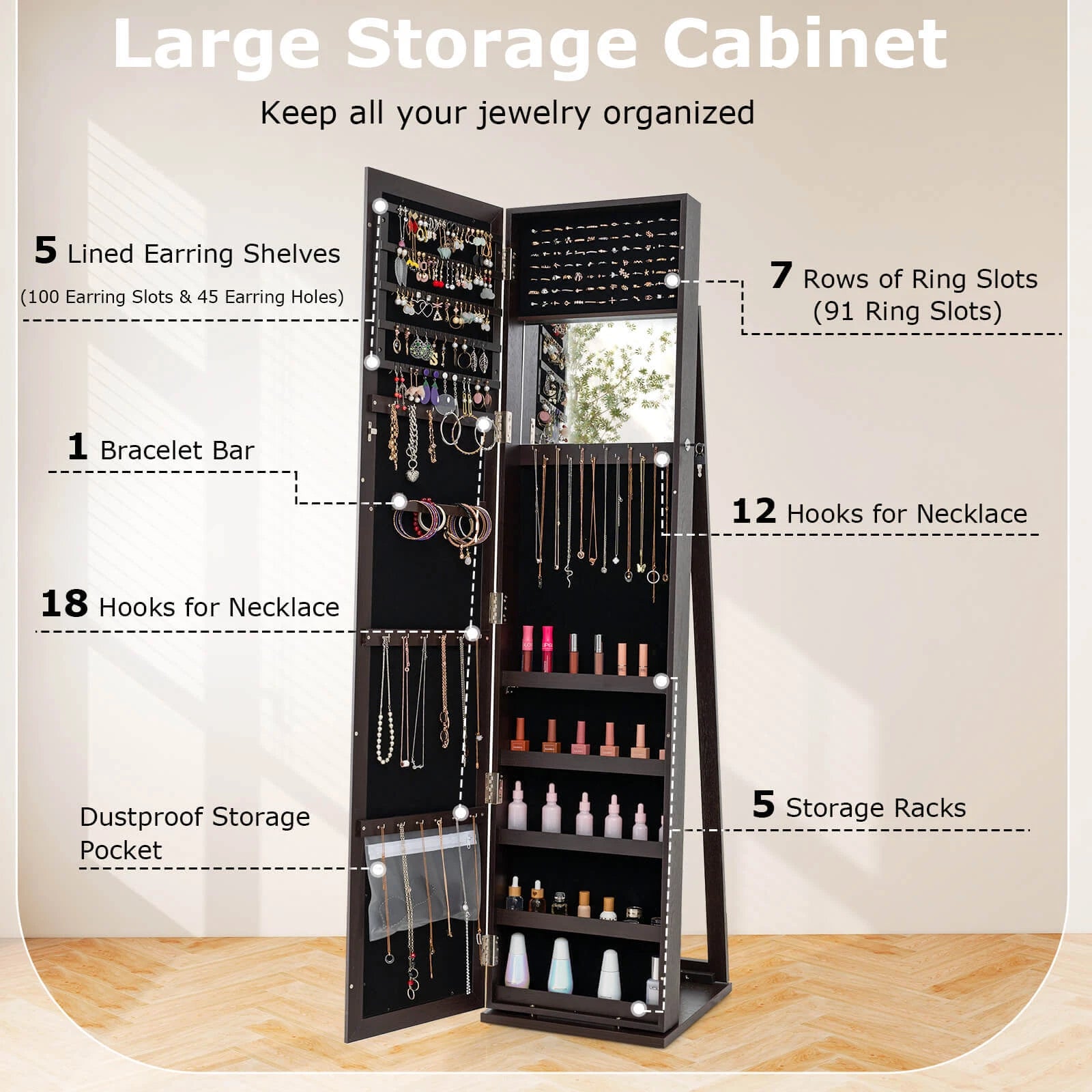 Mirrored Jewelry Cabinet Armoire Lockable St&ing Storage Organizer W/ Shelf | eBay