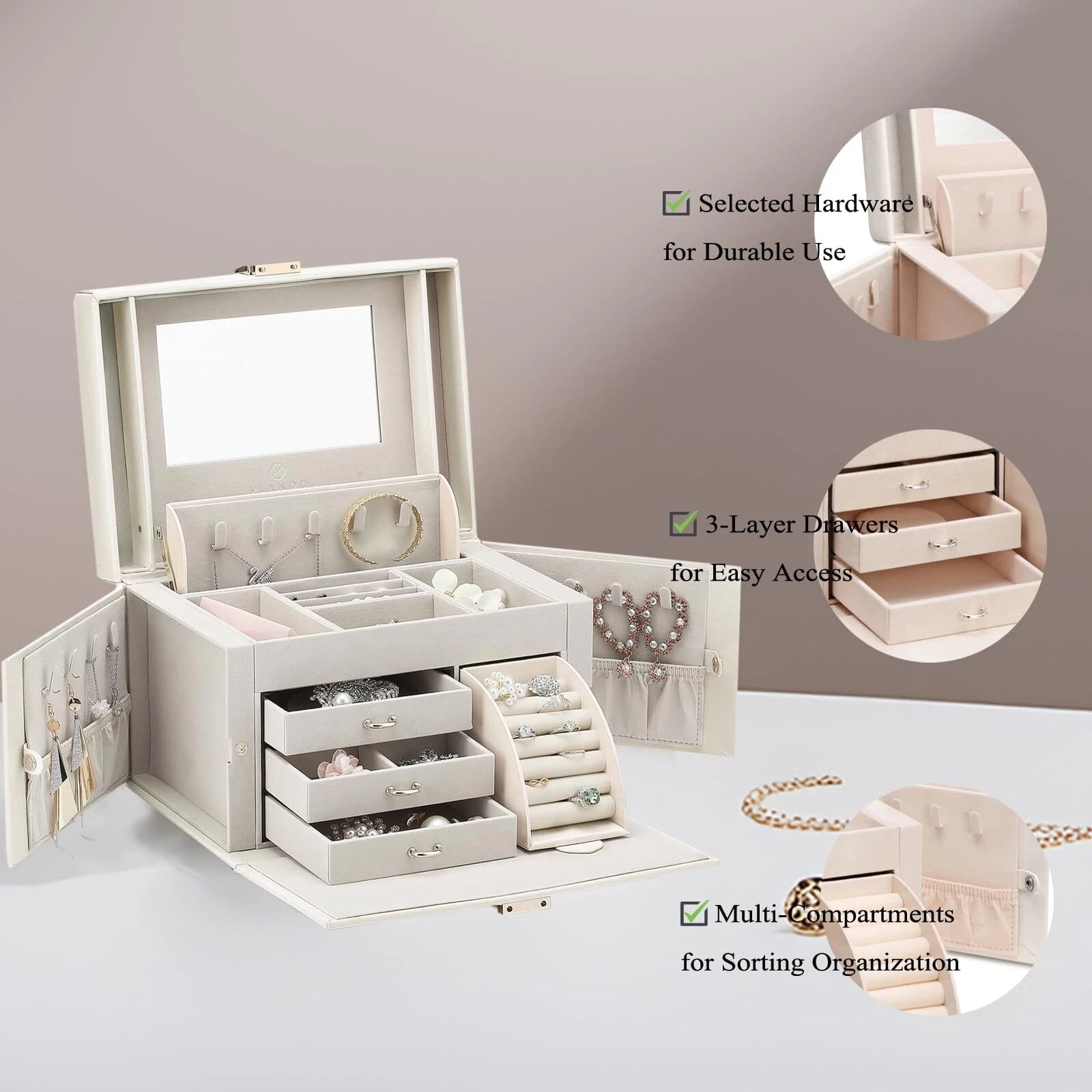 Vlando Mirrored Jewelry Box Organizer Leather Jewelry Storage Case Necklaces ... | eBay