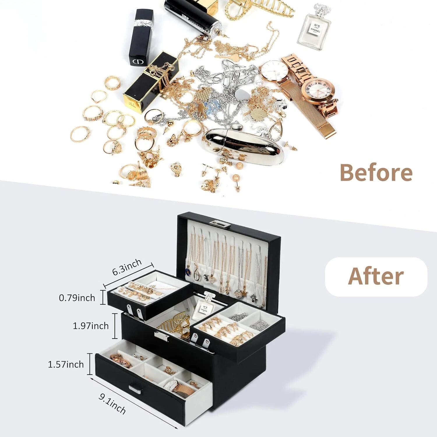 3 Layers Jewelry Boxes for Women Girls, Jewelry Storage Organizer,Black | eBay