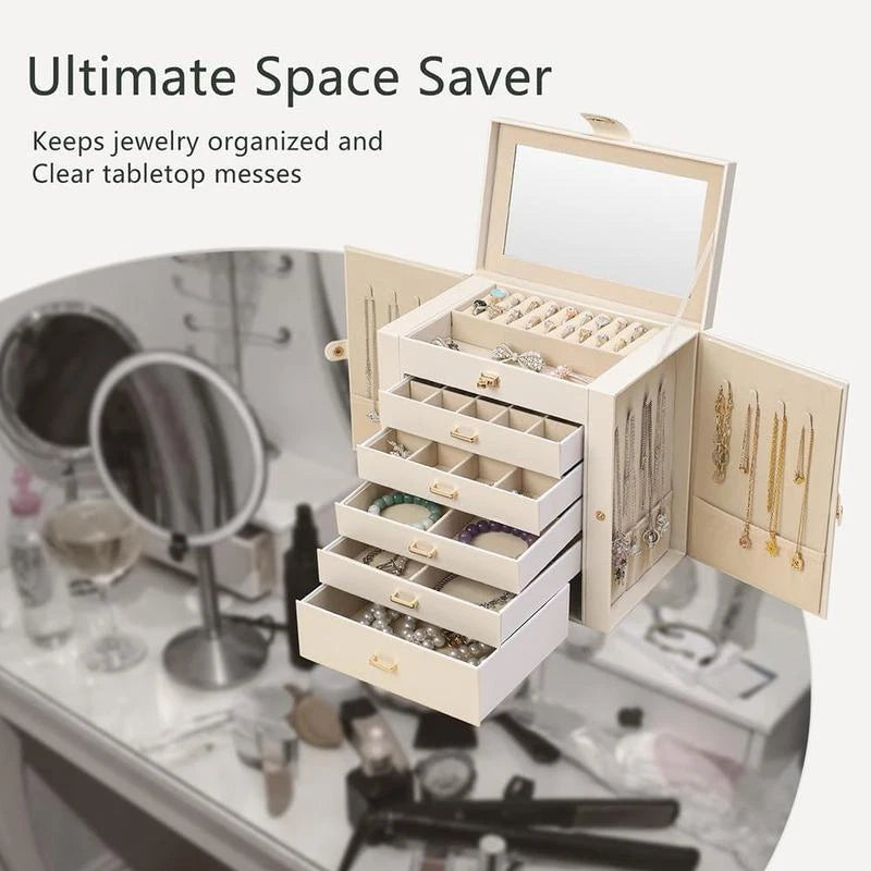 Large Jewelry Box Organizer W/ Mirror 6 Layers 5 Drawers Certificate Slot Women | eBay