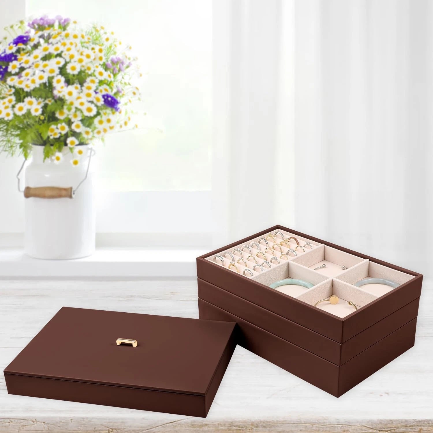 Stackable Jewelry Organizer Tray with Lid, PU Leather Jewelry Storage Holder ... | eBay