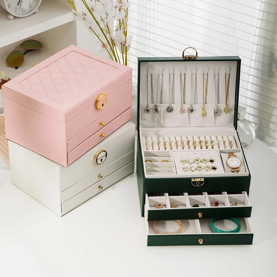 Three-Layer Jewelry Storage Box with Lock Necklace Bracelet Earrings Organizer | eBay