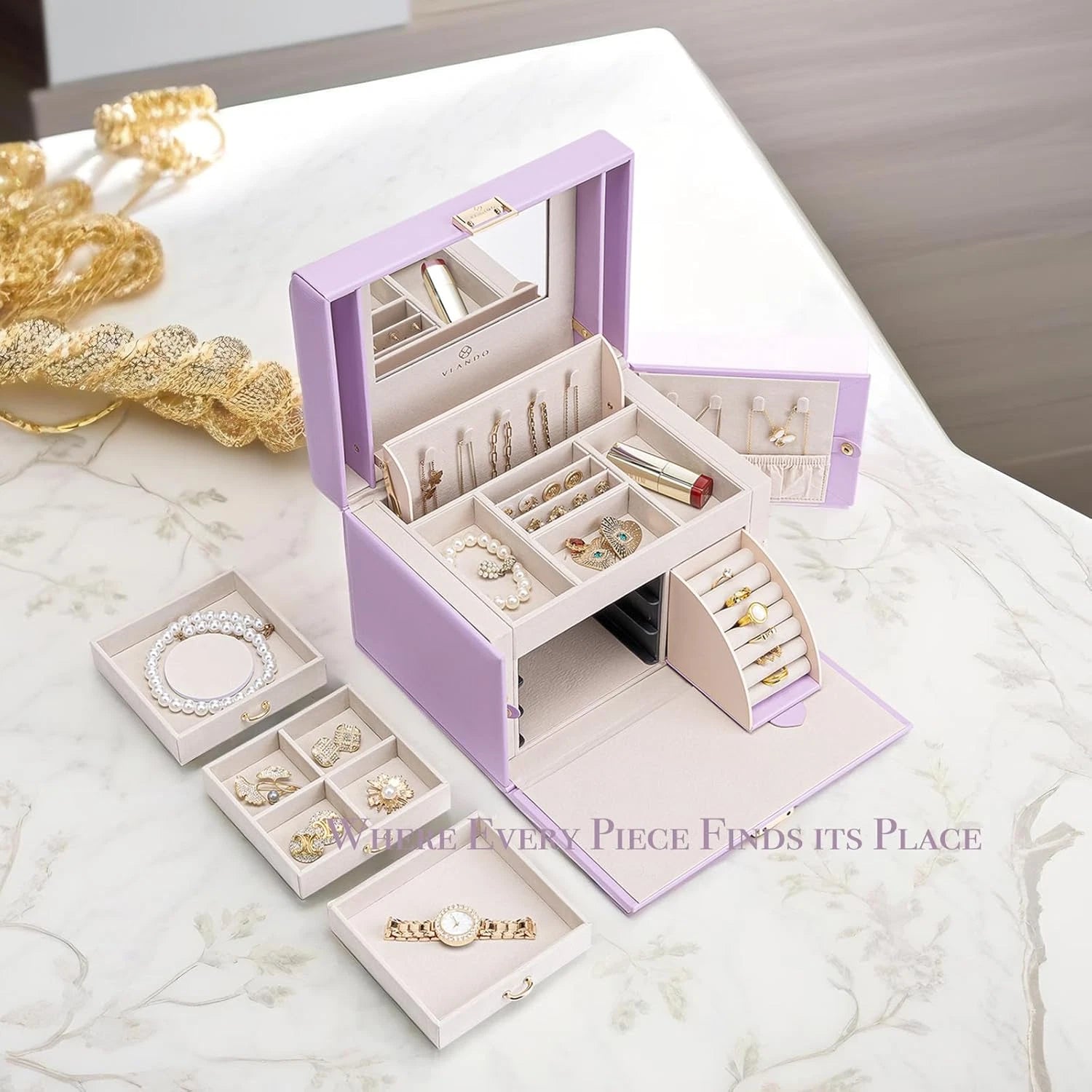 Mirrored Jewelry Box Organizer, Leather Jewelry Storage Case, Necklaces Earrings | eBay