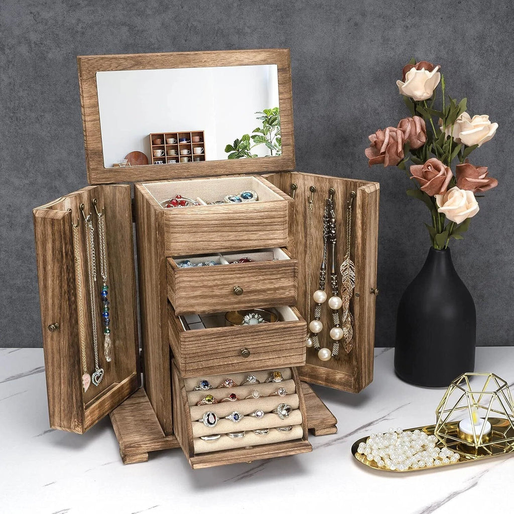 Rustic Wooden Jewelry Box Display for Women Jewelry Organizer w/ Mirror 4 Layer | eBay