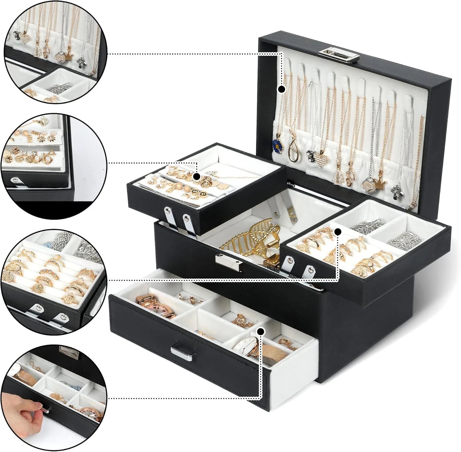 3 Layers Jewelry Boxes for Women Girls, Jewelry Storage Organizer,Black | eBay