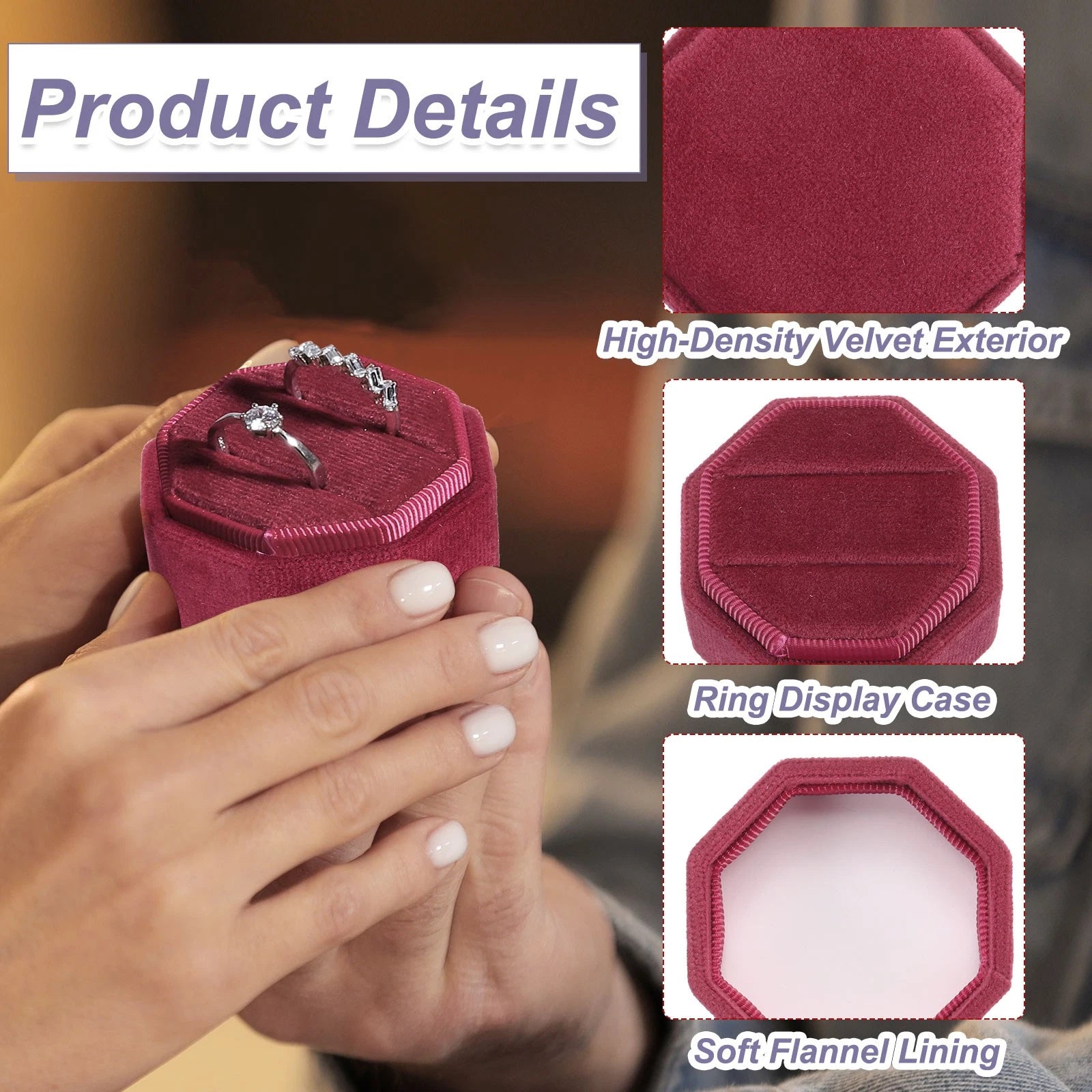 3 Slots Velvet Ring Boxes, 2 Pack Octagonal Jewelry Organizer, Champagne | eBay