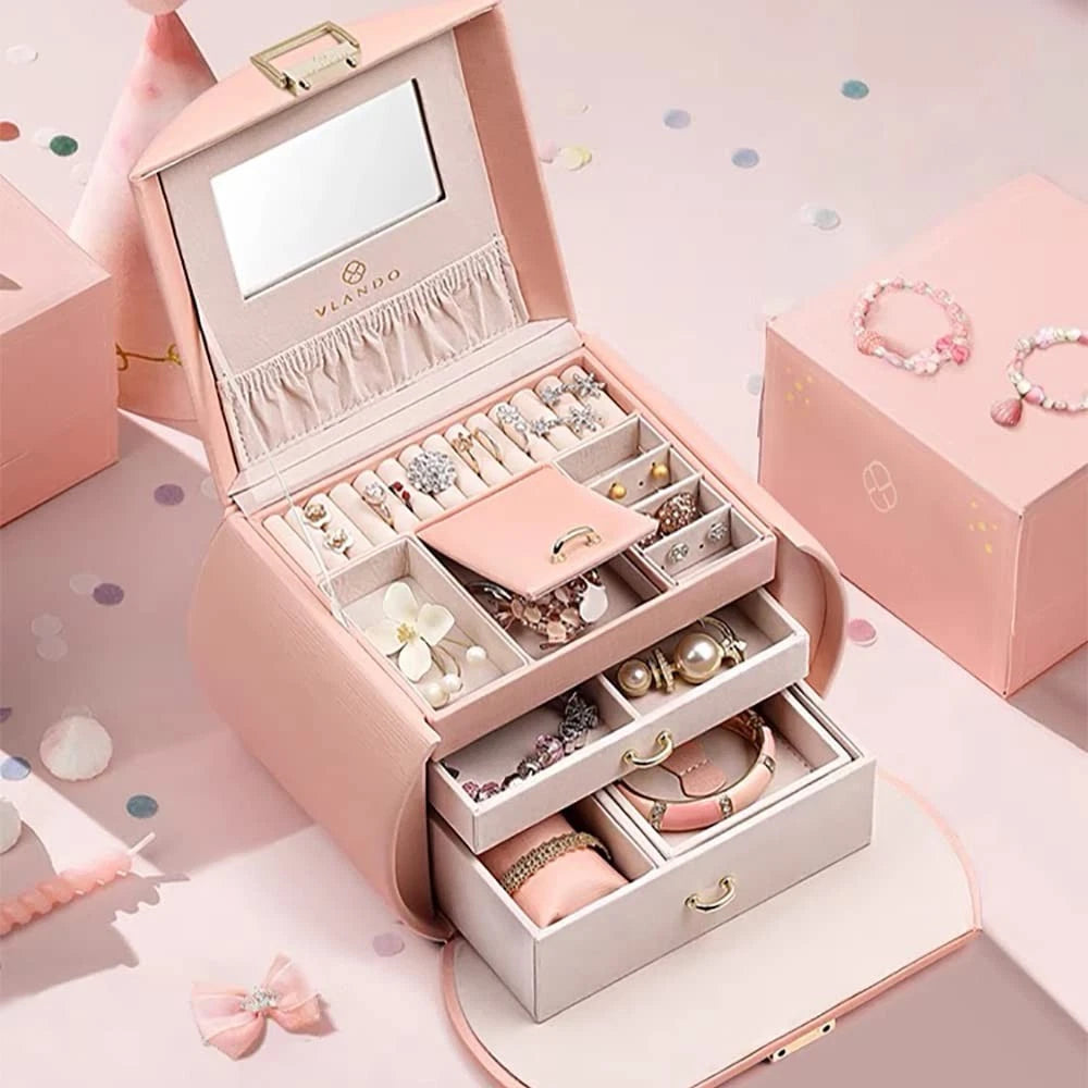 Princess-Style Luxury Jewelry Box, Leather Mirrored Necklaces Earrings Rings ... | eBay