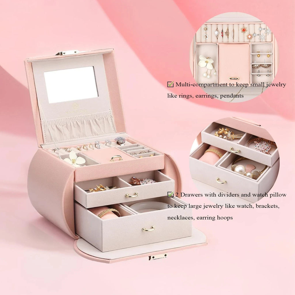 Princess-Style Luxury Jewelry Box, Leather Mirrored Necklaces Earrings Rings ... | eBay
