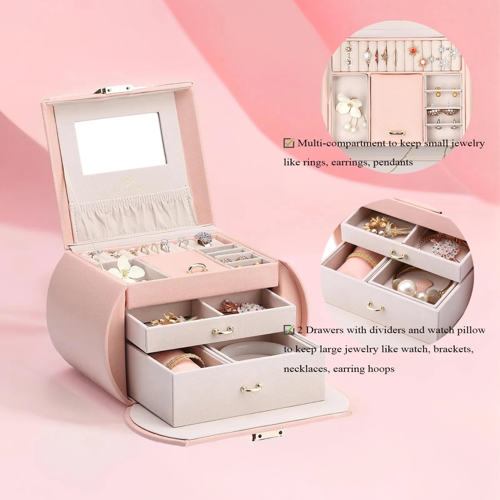 Princess-Style Luxury Jewelry Box, Leather Mirrored Necklaces Earrings Rings ... | eBay