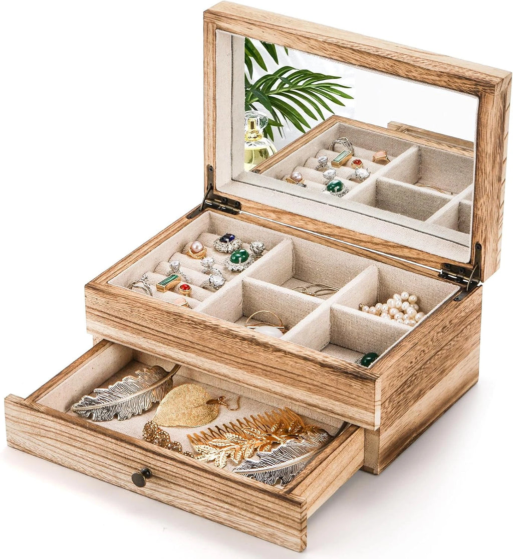 Rustic Wood Jewelry Box with Mirror, 2-Layer Organizer for Necklaces & Rings | eBay