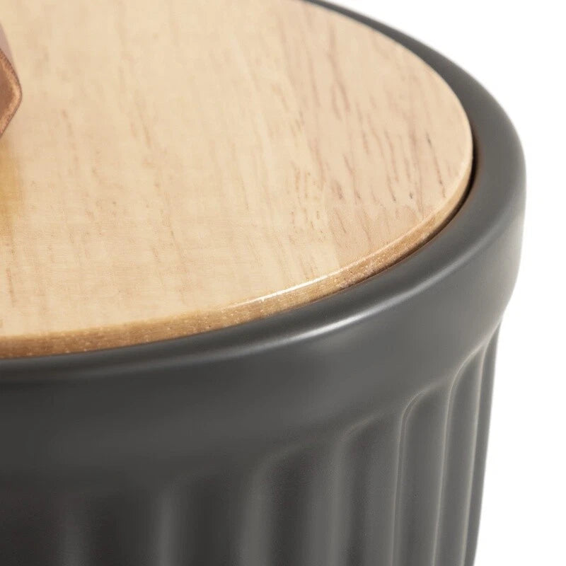 Ribbed Ceramic Storage Box Wooden Lid Faux Leather Handle Jewelry Organizer New | eBay