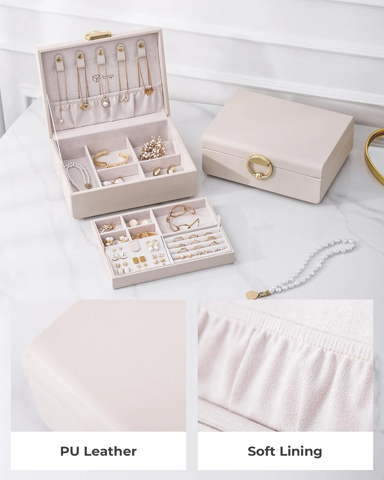 2-Layer Jewelry Box with Removable Tray, Jewelry Organizer with Gold Handle, ... | eBay