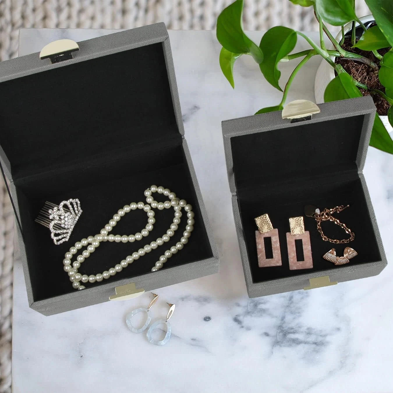 Faux Leather Jewelry Box with Gold Hardware Accents Set of 2 (Dark Gray) | eBay