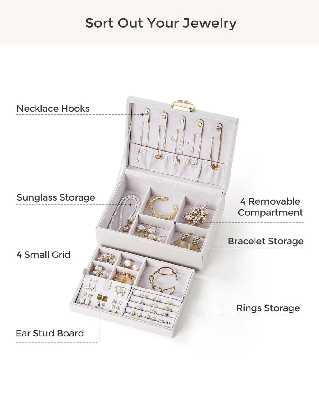 2-Layer Jewelry Box with Removable Tray, Jewelry Organizer with Gold Handle, ... | eBay