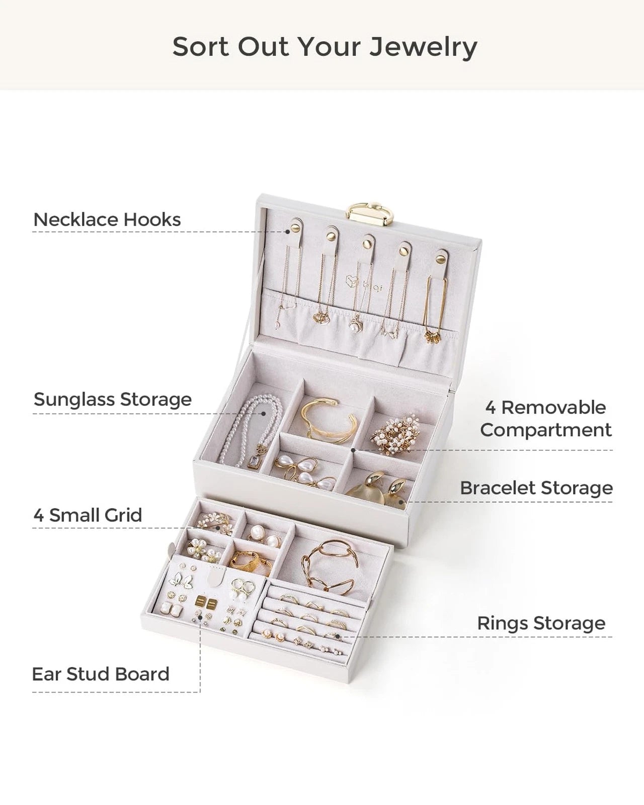 2-Layer Jewelry Box with Removable Tray, Jewelry Organizer with Gold Handle, ... | eBay