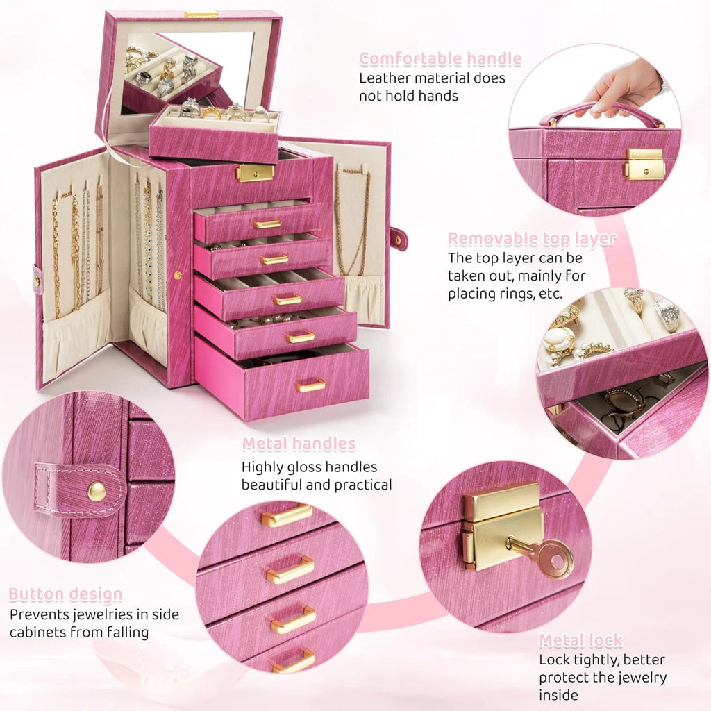6-Tier Jewelry Box Lockable Leather Jewelry Storage Case with 5 Drawers for Wome | eBay