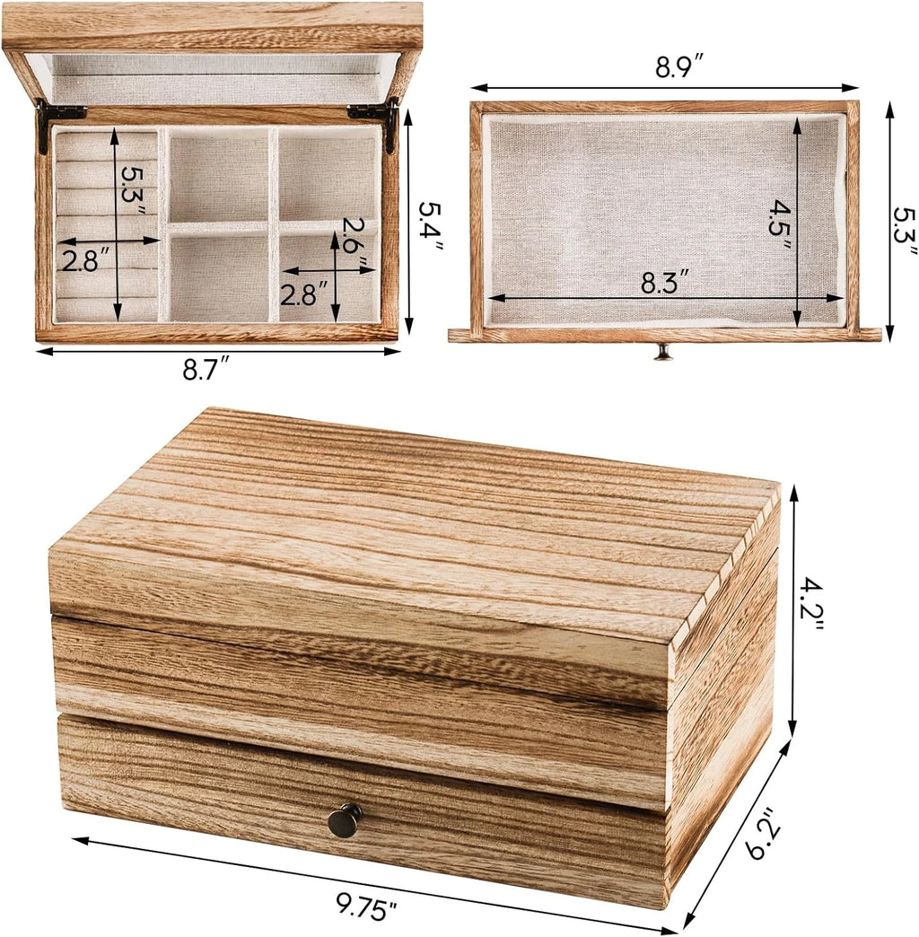 Rustic Wood Jewelry Box with Mirror, 2-Layer Organizer for Necklaces & Rings | eBay