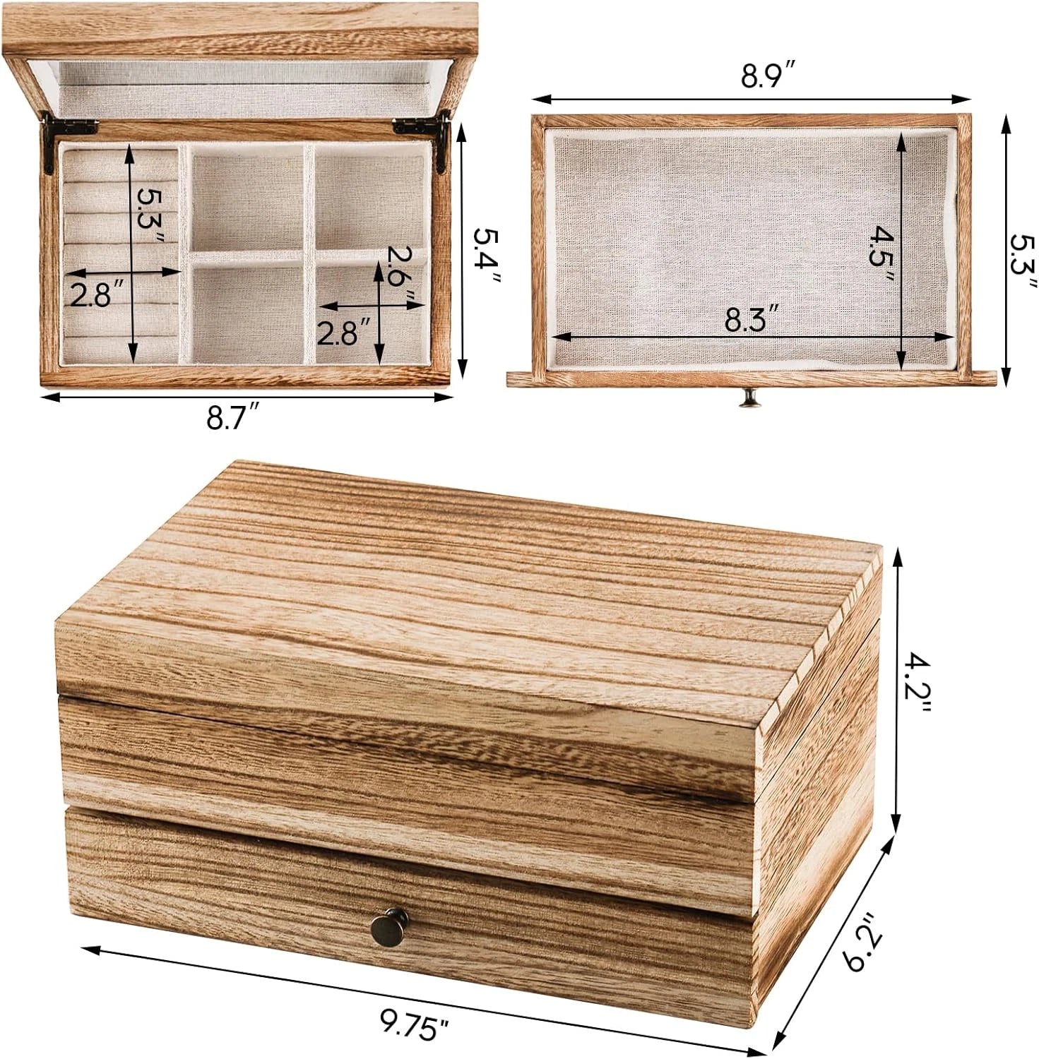 Rustic Wood Jewelry Box with Mirror, 2-Layer Organizer for Necklaces & Rings | eBay