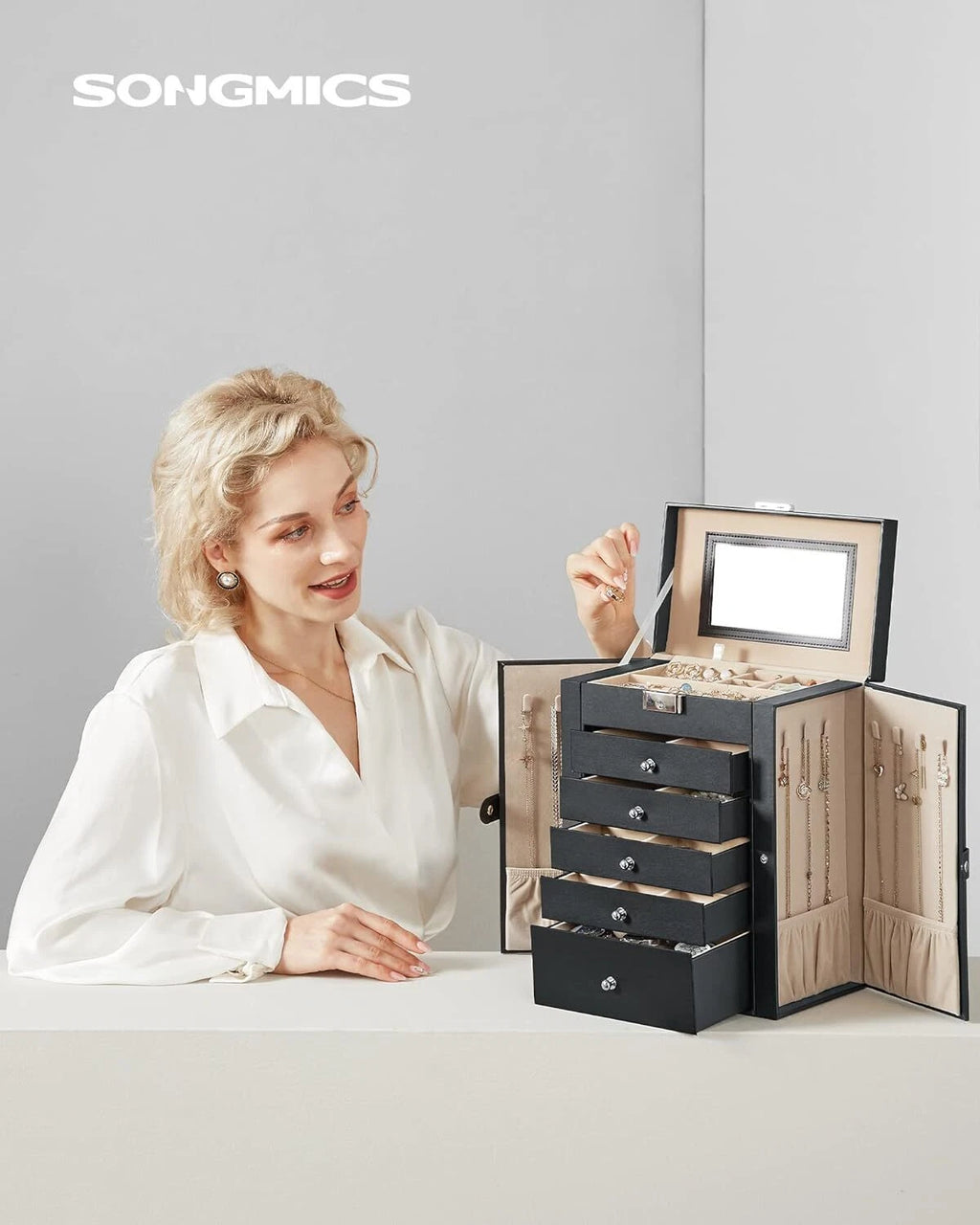 6 Tier Jewelry Box Case with 5 Drawers Mirror Lockable Jewelry Storage Organizer | eBay