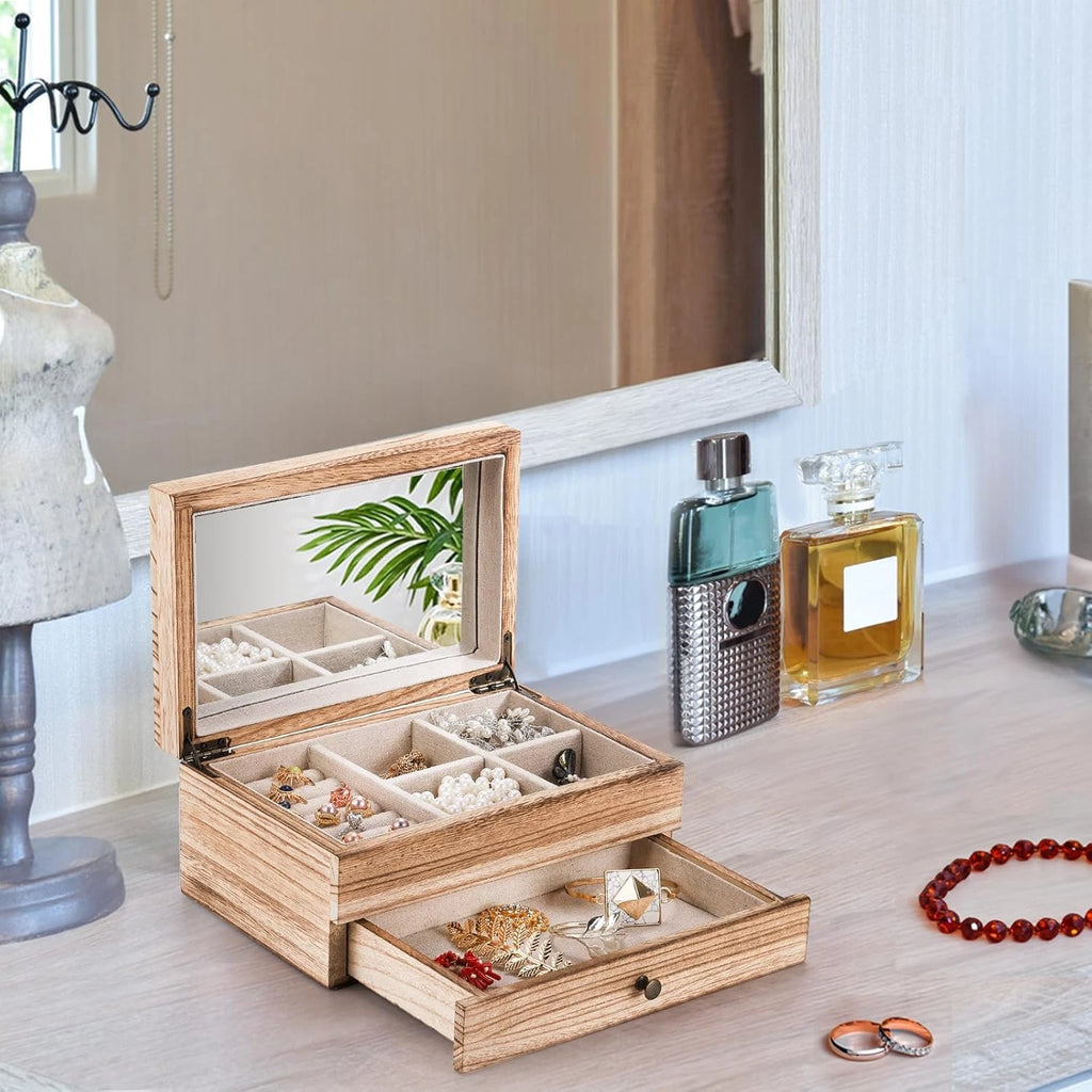 Rustic Wood Jewelry Box with Mirror, 2-Layer Organizer for Necklaces & Rings | eBay