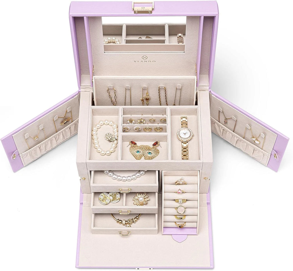 Mirrored Jewelry Box Organizer, Leather Jewelry Storage Case, Necklaces Earrings | eBay