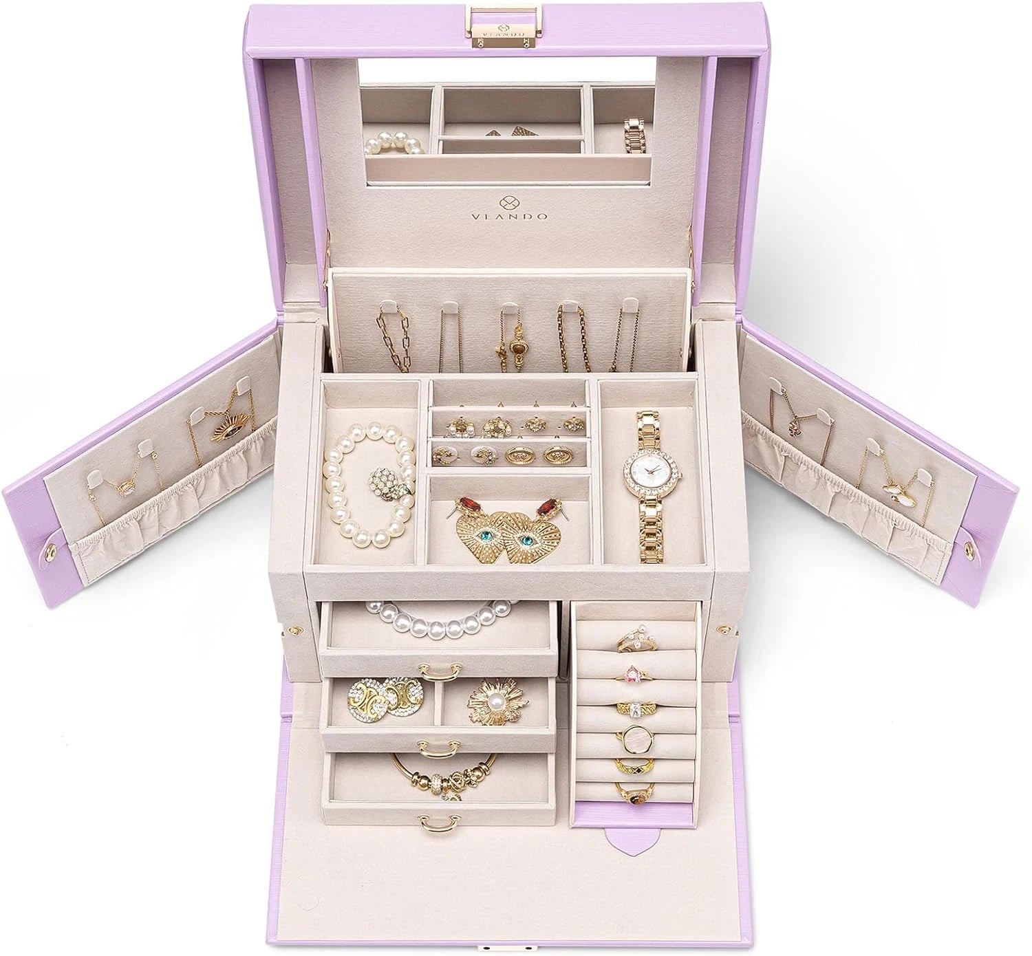 Mirrored Jewelry Box Organizer, Leather Jewelry Storage Case, Necklaces Earrings | eBay