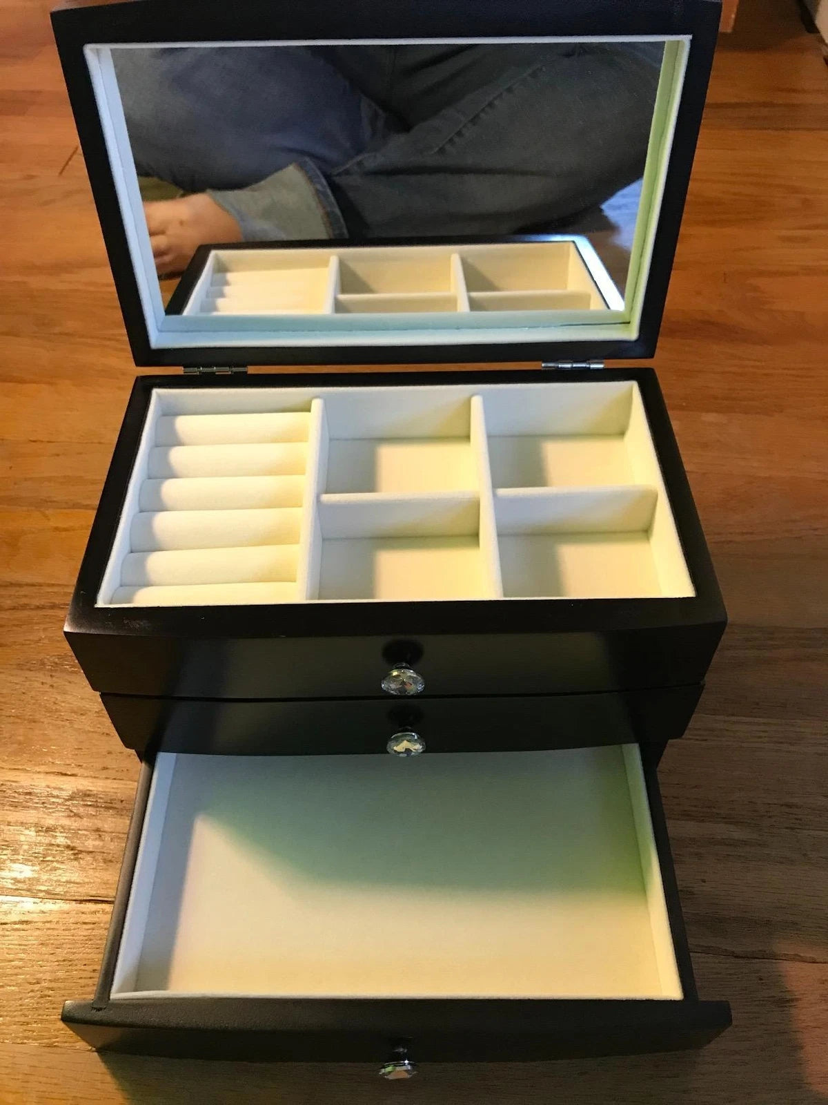 Jewelry Box Wooden Case 3 Layer Organizer with Large Mirror White | eBay