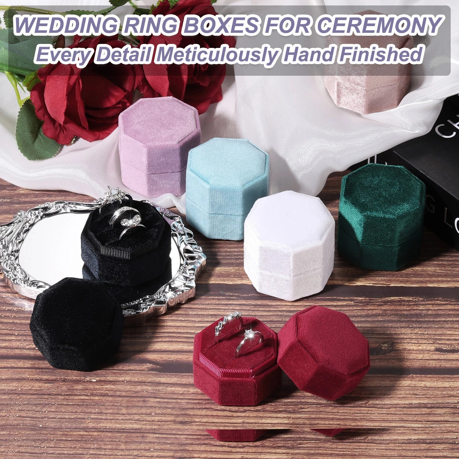 3 Slots Velvet Ring Boxes, 2 Pack Octagonal Jewelry Organizer, Champagne | eBay