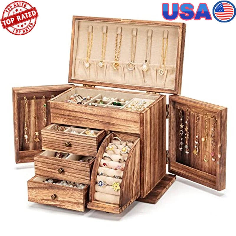 Solid Wood Jewelry Box Organizer Necklaces Rings Earrings Bracelets Rustic Gift | eBay