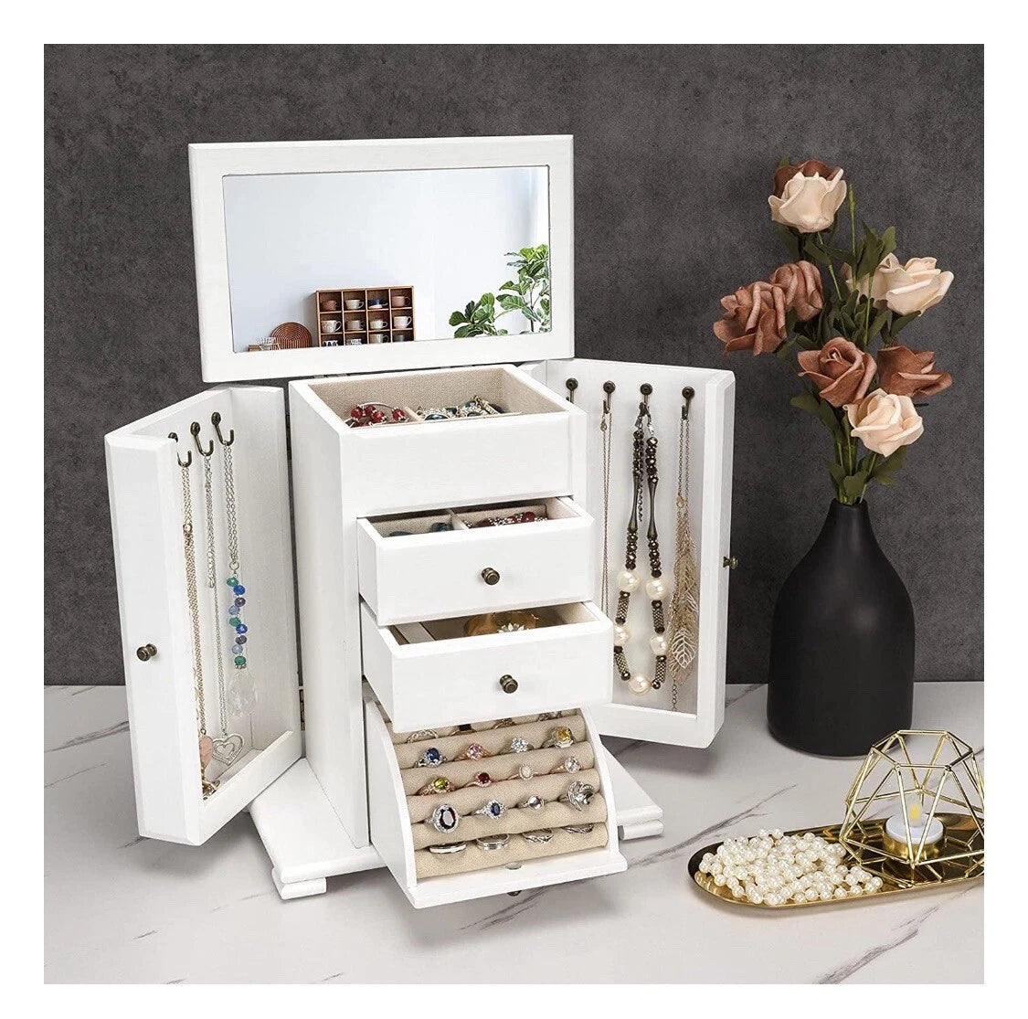 Jewelry Box For Women Rustic Wooden Jewelry Boxes Organizers With Mirror 4 Layer | eBay