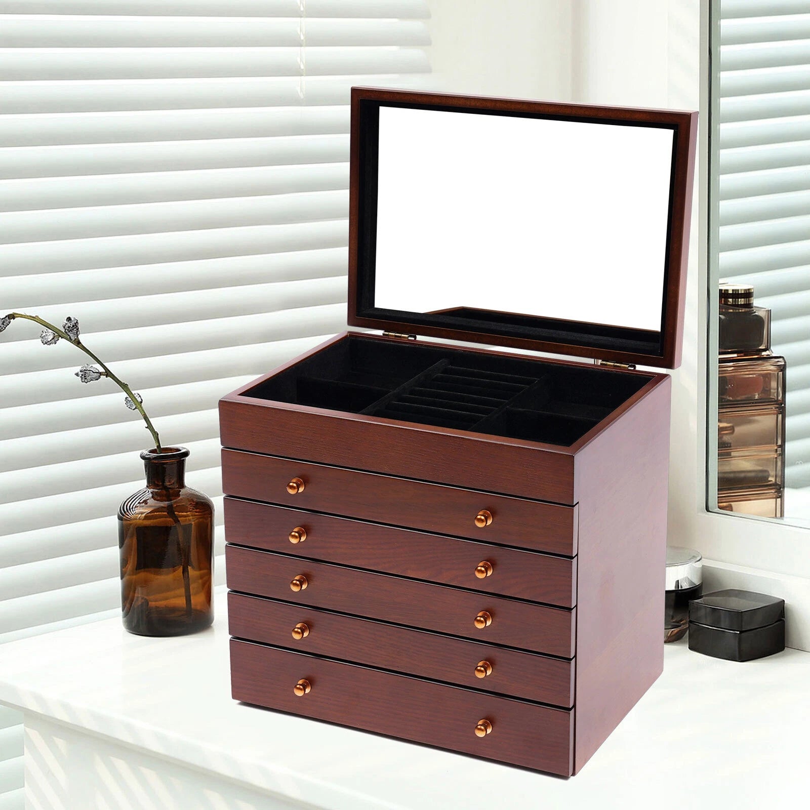 Wooden Jewelry Storage Box 6 Layer Watches Necklace Case Cabinet with Drawers | eBay
