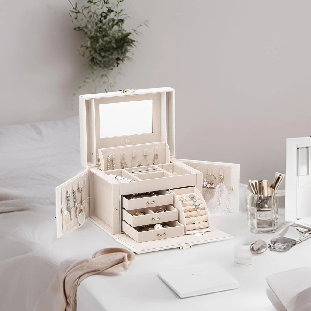 Vlando Mirrored Jewelry Box Organizer Leather Jewelry Storage Case Necklaces ... | eBay