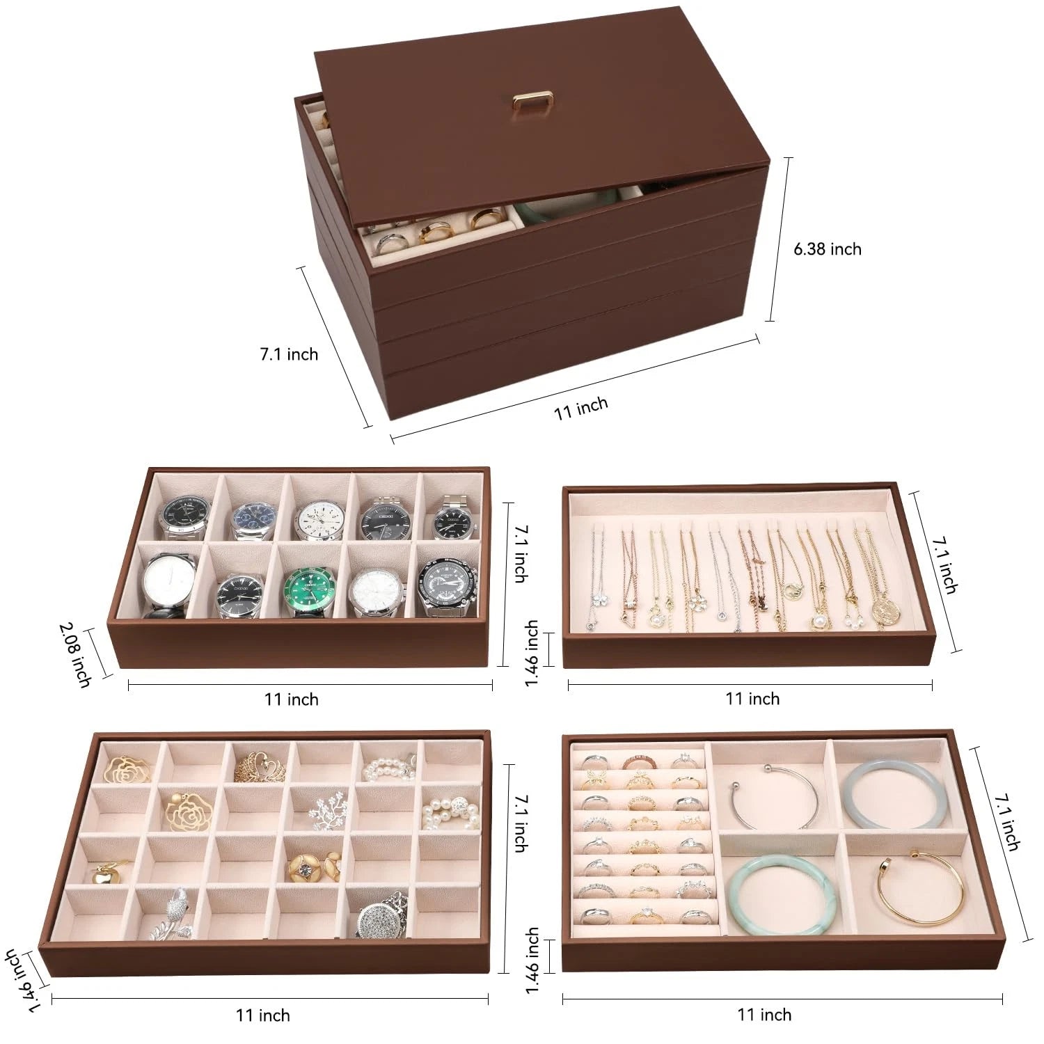 Stackable Jewelry Organizer Tray with Lid, PU Leather Jewelry Storage Holder ... | eBay