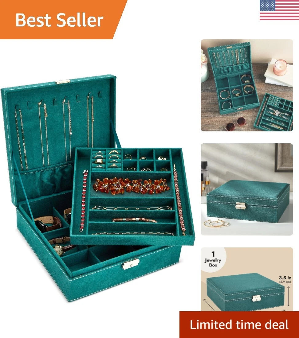 Green Velvet Jewelry Box Organizer - Lockable 2 Tier Travel Case, Removable Tray | eBay