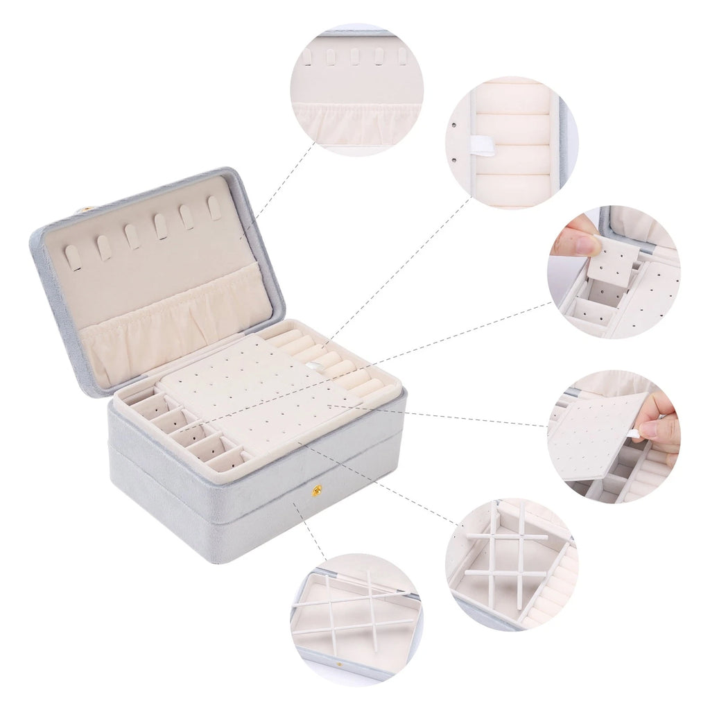 2 Layer Jewelry Box Plush Velvet Jewelry Organizer Case Storage Travel Gray | eBay