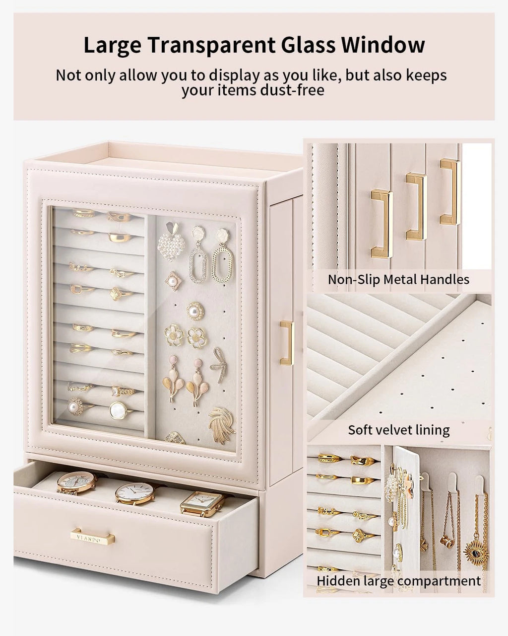 Large Jewelry Organizer with Glass Window Jewelry Box for Necklaces Earrings ... | eBay
