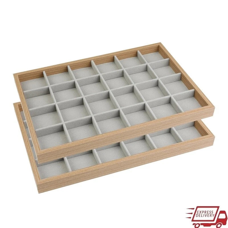 Set of 2 Stackable Wood Jewelry Organizer Trays Velvet Storage Drawers 24 Grids | eBay