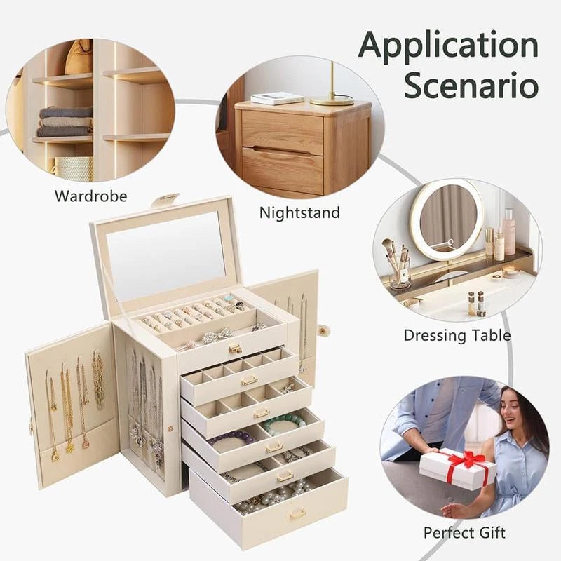 Large Jewelry Box Organizer W/ Mirror 6 Layers 5 Drawers Certificate Slot Women | eBay