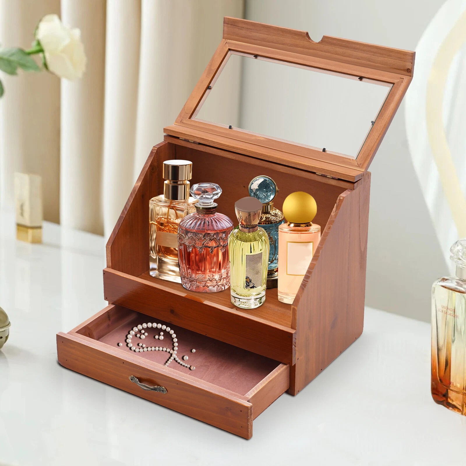 Wooden Perfume Organizer with Drawer - Stylish Jewelry Storage Box | eBay