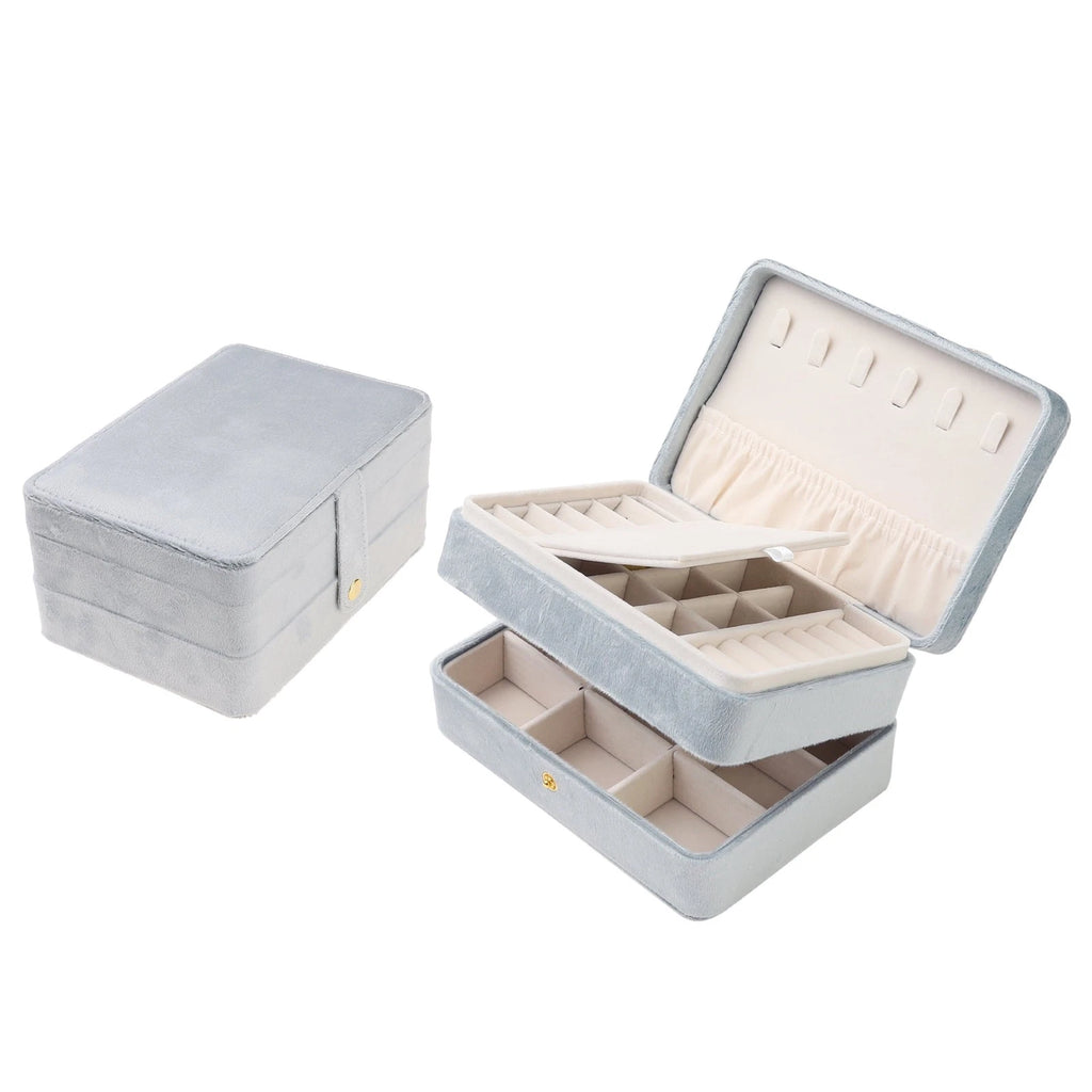 2 Layer Jewelry Box Plush Velvet Jewelry Organizer Case Storage Travel Gray | eBay
