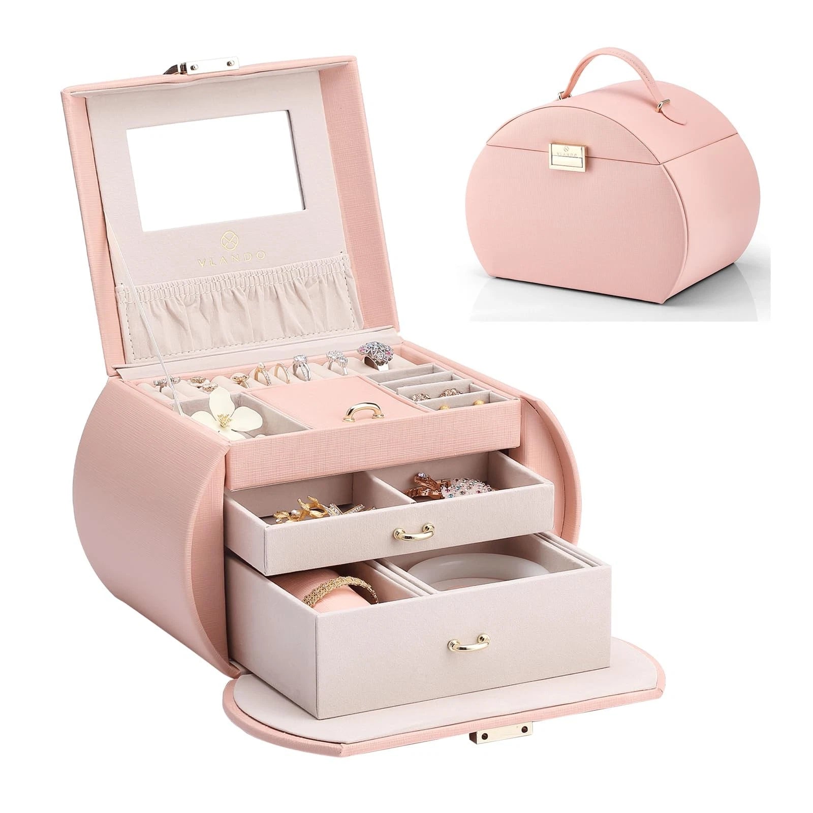 Princess-Style Luxury Jewelry Box, Leather Mirrored Necklaces Earrings Rings ... | eBay